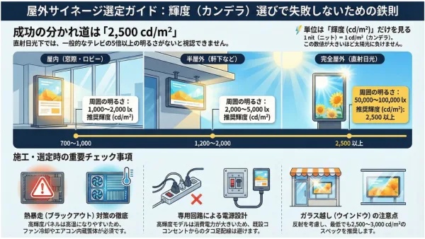 【プロ向け】屋外サイネージの「輝度(cd/m²)」選びで失敗しない！昼間でも見える適正スペックとカンデラ解説