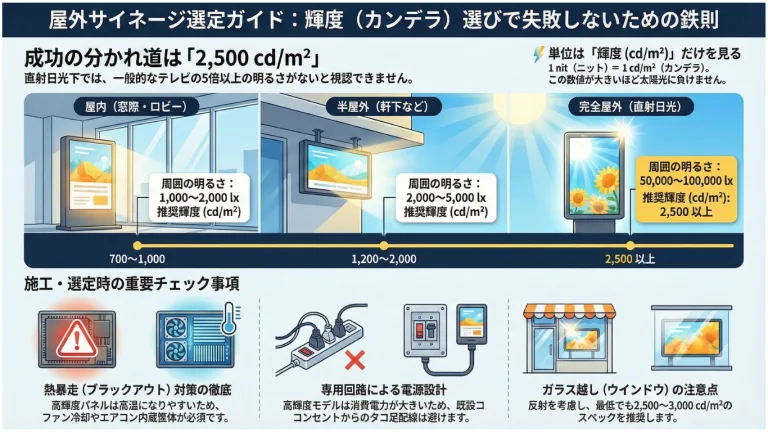 【プロ向け】屋外サイネージの「輝度(cd/m²)」選びで失敗しない!昼間でも見える適正スペックとカンデラ解説 1 名称未設定のデザイン 3
