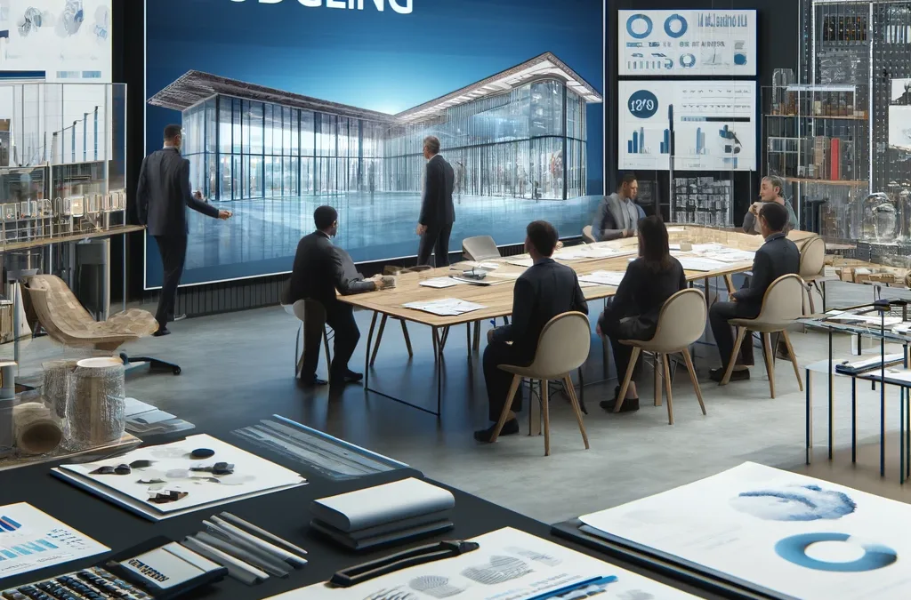 ディスプレイ制作の収支基準 1 DALL·E 2024 12 22 19.07.56 A depiction of a modern exhibition project with clear budgeting showcasing a table filled with charts materials and financial documents. In the bac