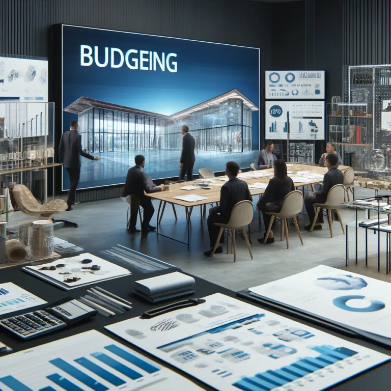 ディスプレイ制作の収支基準 10 DALL·E 2024 12 22 19.07.56 A depiction of a modern exhibition project with clear budgeting showcasing a table filled with charts materials and financial documents. In the bac