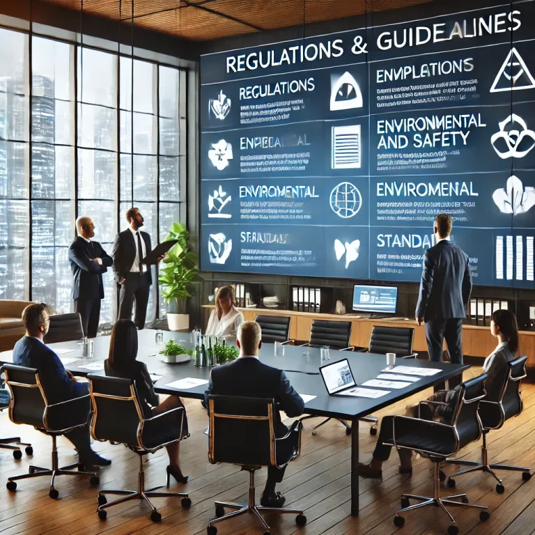 ディスプレイ業界に関連する規制・ルール 9 DALL·E 2024 12 22 19.20.05 An image showcasing a professional team discussing regulations and guidelines for display projects. The setting includes a conference room with large