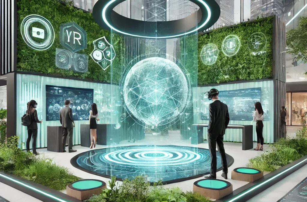 ディスプレイ空間の未来像 1 DALL·E 2024 12 22 19.44.42 A futuristic display space integrating VR and AR technologies. The scene showcases holographic displays interactive digital panels and eco friendly