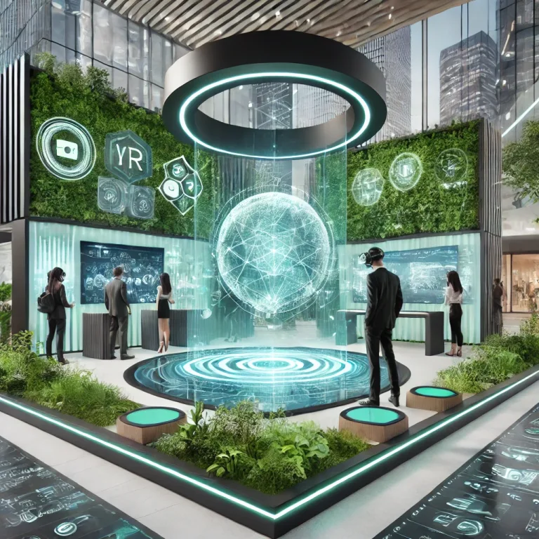 DALL·E 2024 12 22 19.44.42 A futuristic display space integrating VR and AR technologies. The scene showcases holographic displays interactive digital panels and eco friendly