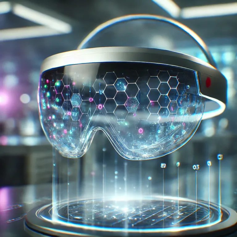 DALL·E 2025 03 25 16.17.33 Close up view of a futuristic augmented reality headset with transparent nano PeLED lenses. The headset is floating in a high tech laboratory setting