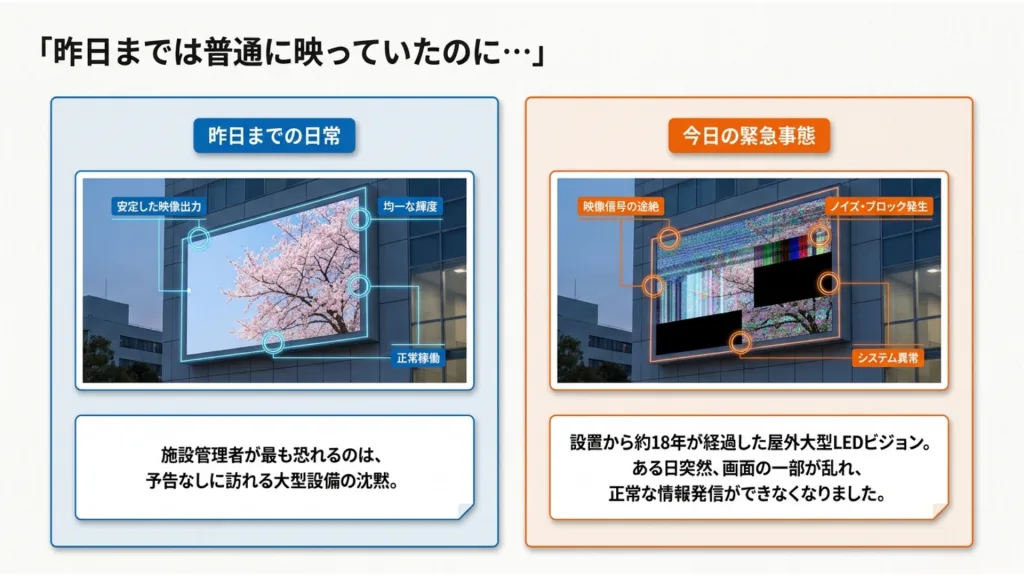 18年稼働した大型LEDビジョンの異変:表示トラブルの裏側に潜む「物理的な寿命」とその対策 1 2 2