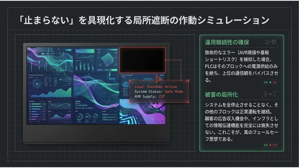 PLC異常監視システムと局所遮断設計による、屋外大型LEDサイネージのフェールセーフ運用 9 9 6